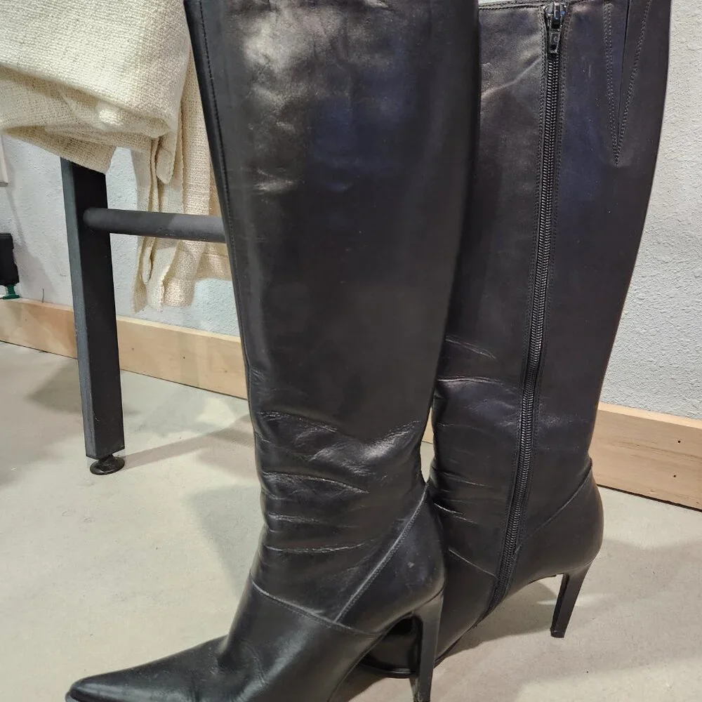 GUESS By Marciano | Black Leather Tall Houston Boots Heel 7W - Picture 8 of 12